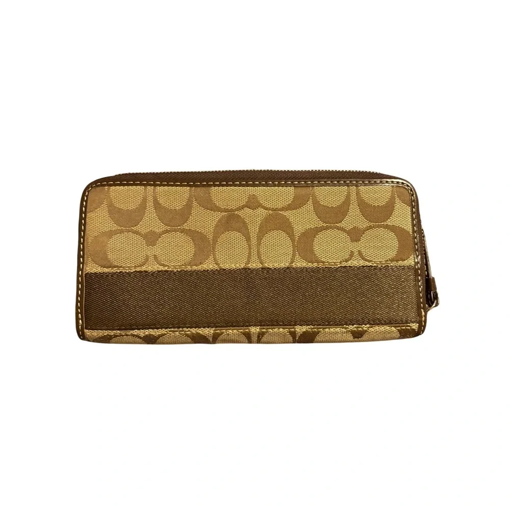 Coach Signature Monogram Bifold Wallet Brown Tan Canvas Leather Zip Accordion‎